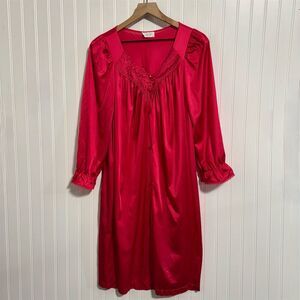 VTG Vanity Fair M Hot Pink Nylon Nightgown Peignoir Robe Lace Trim Full Button